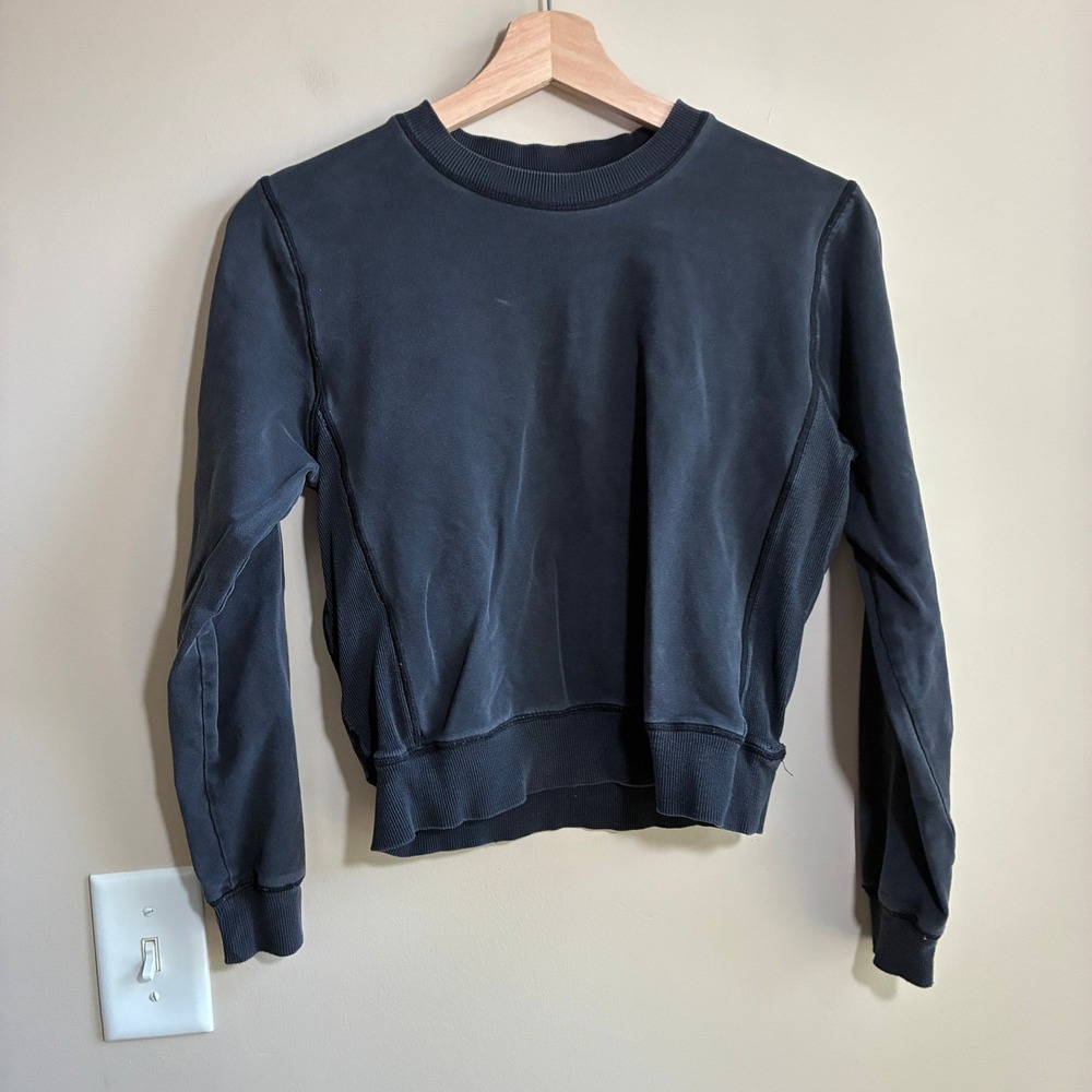 LuDao store Faded Crewneck Sweatshirt S Black Womens Ribbed Cotton Blend